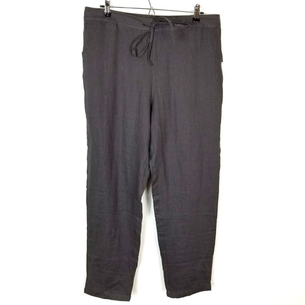 Ximo‎ Women 100% Linen Pull On Pants Size XL Dark Gray Drawstring Waist